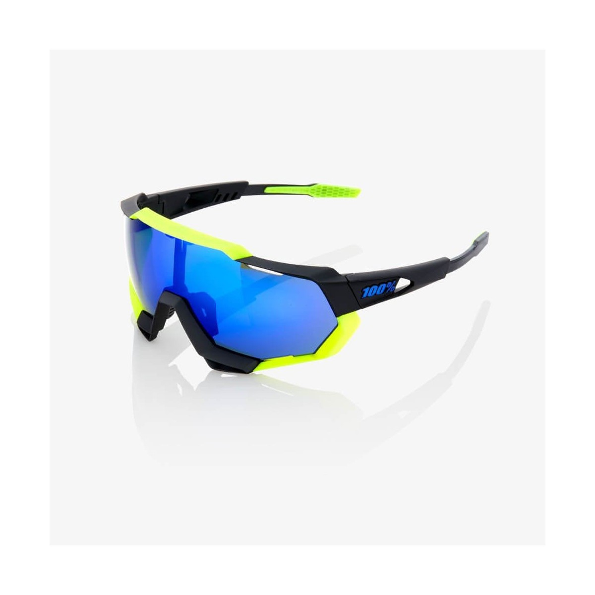100% Speedtrap Polierte Sonnenbrille mattschwarz und neongelb mit elektrischem blauen Spiegel