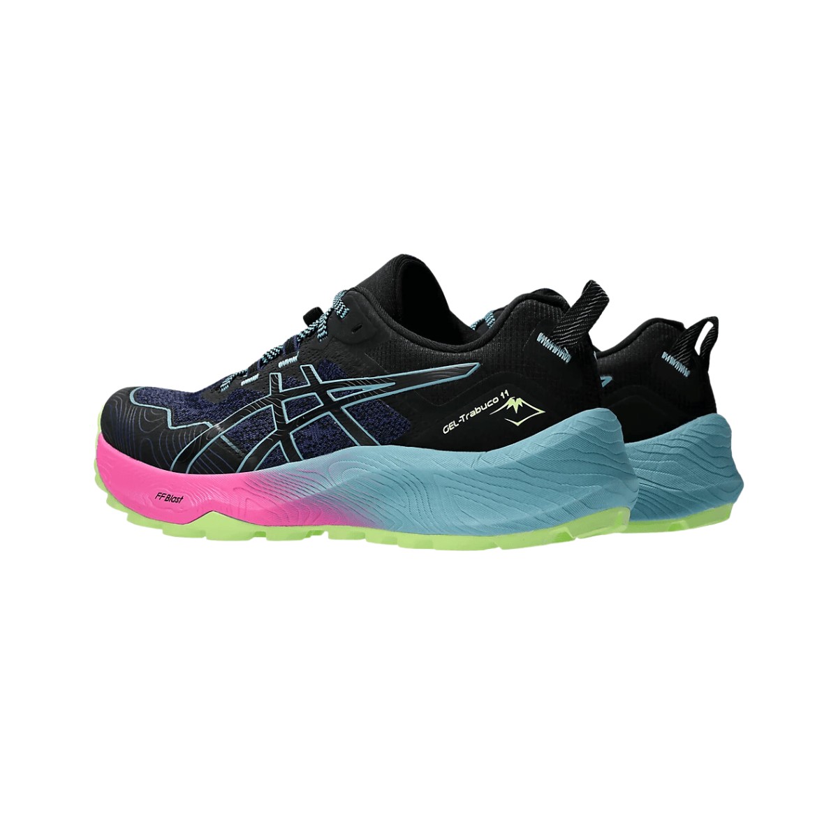 Zapatillas Asics Gel Trabuco 11 Negro Rosado Celeste AW23 Mujer